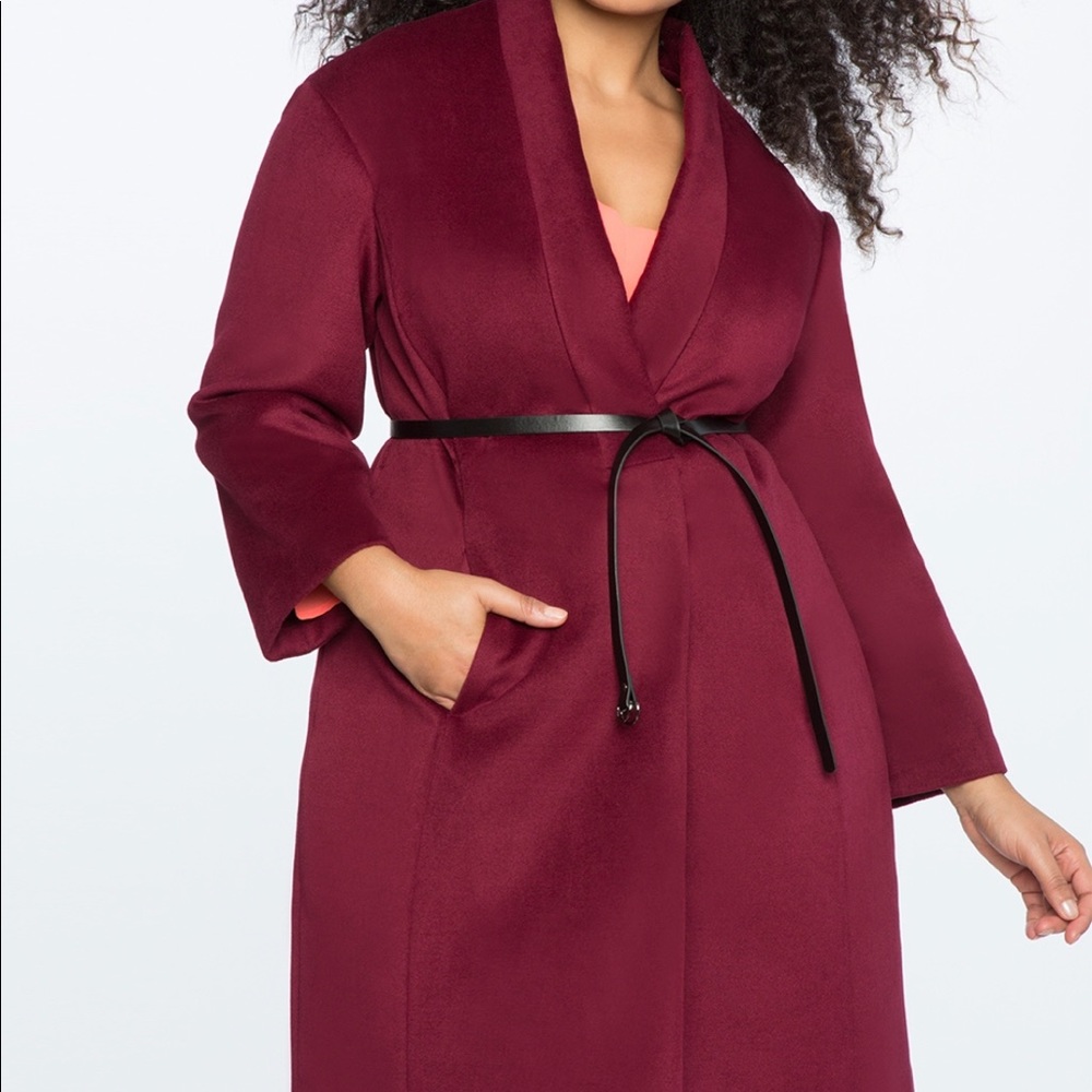 Womens Burgundy Shawl-Collar Wrap Coat